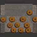 Decorative Fresh Pumpkins With Carved Smiling Faces Arranged On Stone Steps