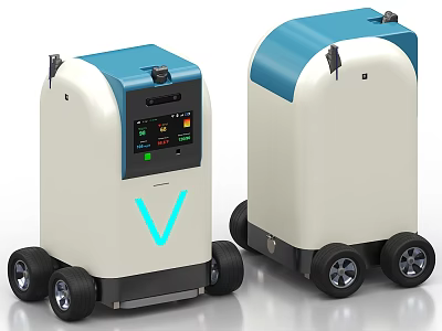 Industrial Equipment Mobile Wheeled Units With Blue Top Display Screen And V Shaped Logo 3d model