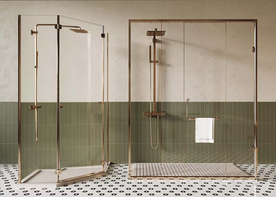 Modern Glass Shower Enclosure With Golden Frame Green Tiled Wall And Patterned Floor 3d model 