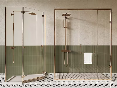 Modern Glass Shower Enclosure With Golden Frame Green Tiled Wall And Patterned Floor 3d model
