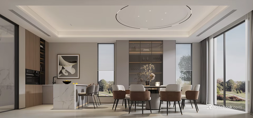 Modern Open Restaurant Interior With Dining Table Chairs Windows And Ceiling Lighting 3d model