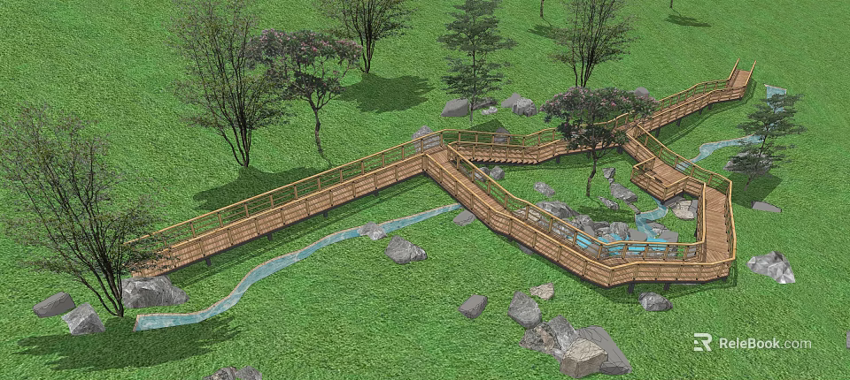 Curved Wooden Boardwalk Path In Scenic Grassland With Trees Stream And Rocks 3d model 