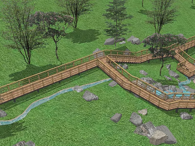 Curved Wooden Boardwalk Path In Scenic Grassland With Trees Stream And Rocks 3d model