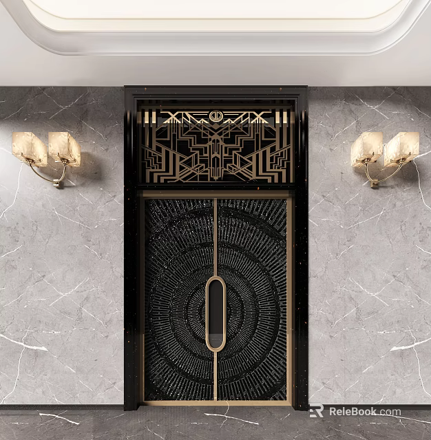 Modern Double Doors With Intricate Geometric Designs And Wall Lamps On Marble Walls 3d model 
