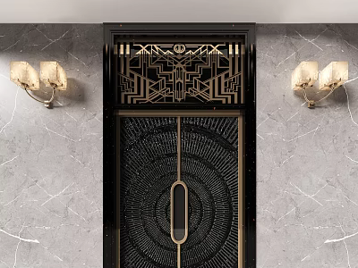 Modern Double Doors With Intricate Geometric Designs And Wall Lamps On Marble Walls 3d model