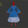 Elegant Blue Vintage Dress With Bell Sleeves Fitted Waist And Pink Ruffled Skirt