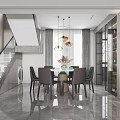 Duplex Living Room Interior With Glass Staircase Dining Area Golden Pendant Lights And Gray Floor