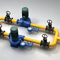 Industrial Piping System with Yellow Pipes Blue Pumps and Black Valves