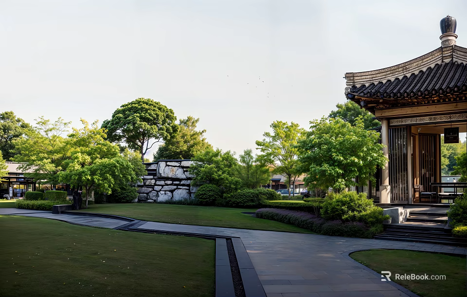 Traditional Courtyard Garden With Lush Trees Shrubs Stone Pathway Green Lawn And Stone Wall 3d model 