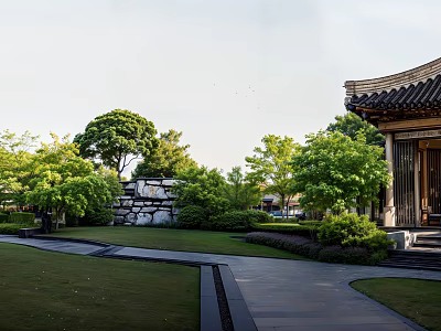 Traditional Courtyard Garden With Lush Trees Shrubs Stone Pathway Green Lawn And Stone Wall 3d model