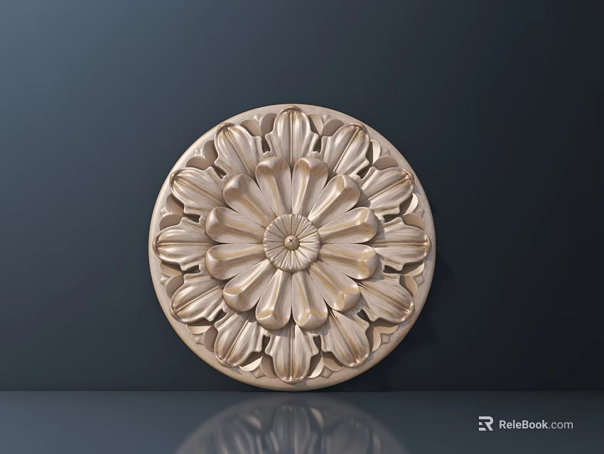 Intricate Circular Floral Carving Design With Detailed Petals And Wooden Texture 3d model 