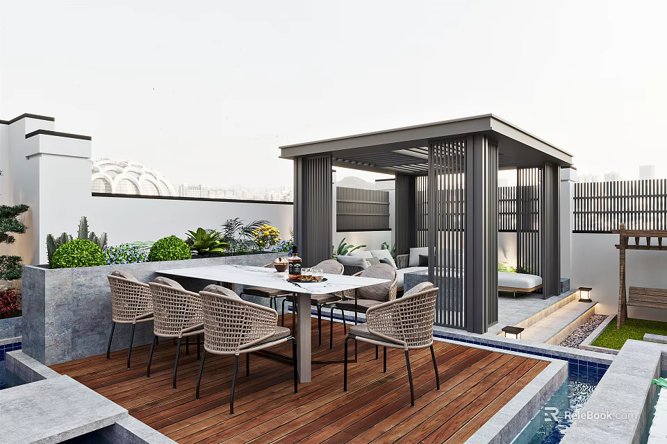 Garden Landscape With Wooden Deck Pergola Dining Table Chairs Swimming Pool And Green Plants 3d model 