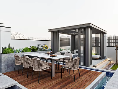 Garden Landscape With Wooden Deck Pergola Dining Table Chairs Swimming Pool And Green Plants 3d model
