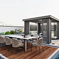 Garden Landscape With Wooden Deck Pergola Dining Table Chairs Swimming Pool And Green Plants