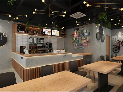 Cozy Café Interior Design With Wooden Tables Chairs Counter Green Plants And Decorative Signs 3d model