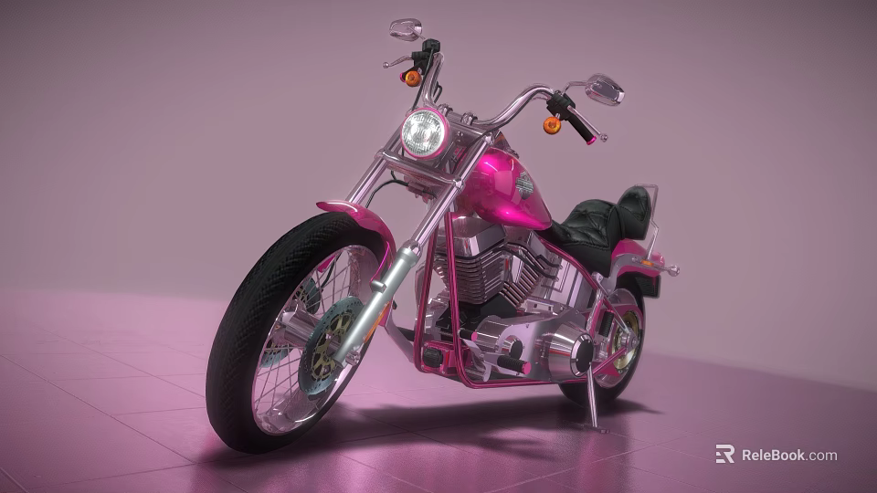 Pink Custom Motorcycle With Round Headlight Shiny Chrome And Black Leather Seat 3d model 