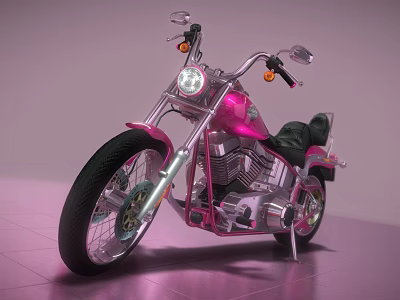 Pink Custom Motorcycle With Round Headlight Shiny Chrome And Black Leather Seat 3d model Pink Custom Motorcycle With Round Headlight Shiny Chrome And Black Leather Seat 3d model