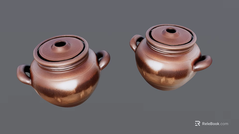 Two Brown Traditional Ceramic Pots With Lids Handles And Glossy Finish Design 3d model 