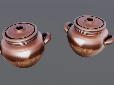 Two Brown Traditional Ceramic Pots With Lids Handles And Glossy Finish Design 3d model
