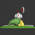 Green Clad Character Lying on Green Ground With White Rooster Speech Bubble Four Leaf Clover