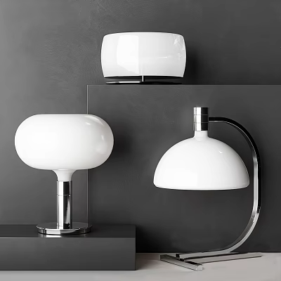 Modern Table Lamp Designs With White Round Shade And Curved Arm Metal Base 3d model
