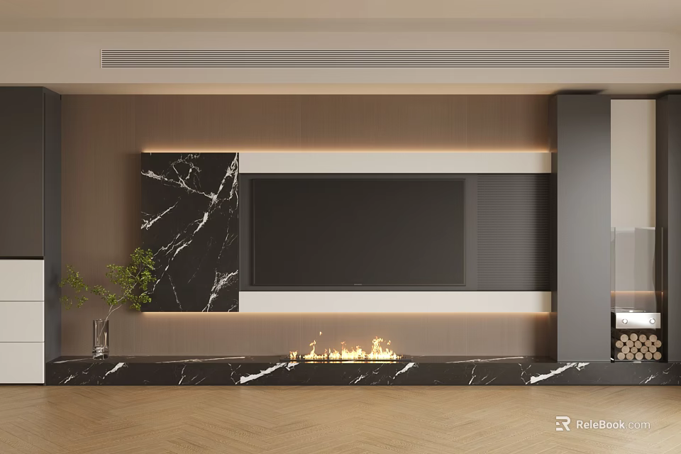 Modern TV Wall Design With Marble Panel Fireplace And Ambient Lighting 3d model