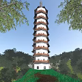 Traditional Multi tiered Pagoda Surrounded by Lush Green Trees in Natural Landscape
