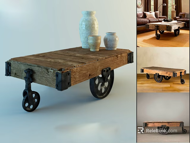 Vintage Wooden Coffee Table Design With Metal Wheels And Ceramic Vases 3d model 