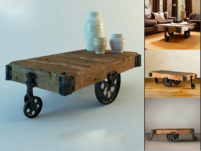 Vintage Wooden Coffee Table Design With Metal Wheels And Ceramic Vases 3d model