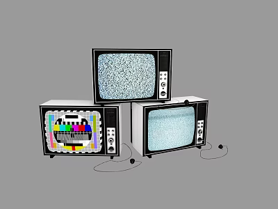 Three Old Fashioned TVs With Screens Showing Different Static And Color Bars 3d model