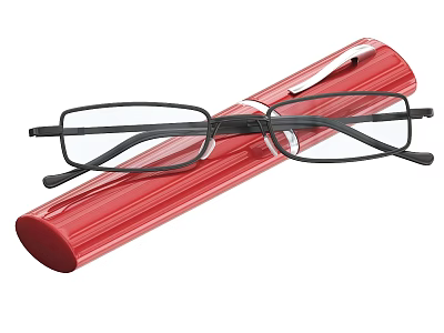 Black Frame Eyeglasses Resting On Red Textured Case For Storage 3d model