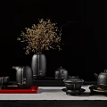 Elegant Tea Set Display With Teapot Teacups Red Tray And Dried Flowers Vase 3d model