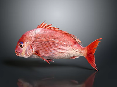 Red Fish With Shiny Scales And Fins On Dark Reflective Background 3d model