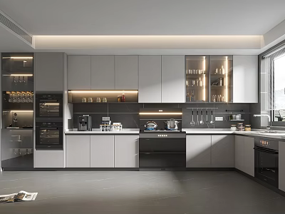 Modern Kitchen Interior With Island Counter White Cabinets And Stainless Steel Appliances 3d model