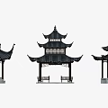 Traditional Chinese Classical Pavilions With Wooden Structure Sloped Roofs And Ornate Eaves
