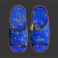 Blue Slippers With Floral And Butterfly Patterns On Soft Fabric And Pink Trimmed Edges