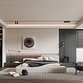 Modern Bedroom Interior With Queen Bed Circular Artwork Closet And Floor Lamp 3d model
