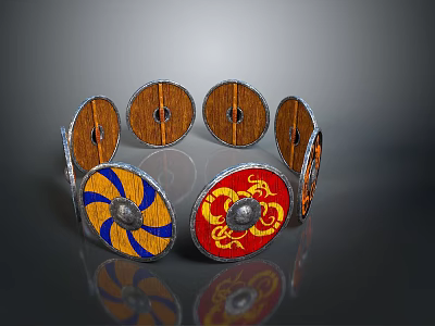 Multiple Colorful Wooden Shields With Metal Edges Sun Dragon Patterns 3d model