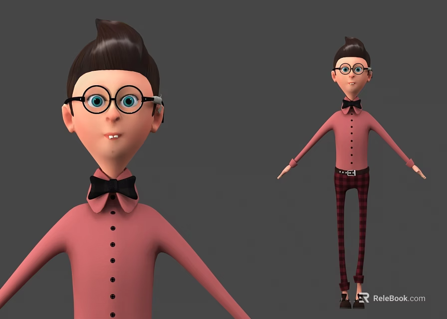 Cartoon Man Character With Glasses Pink Shirt Black Bow Tie And Plaid Pants 3d model 