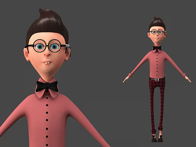 Cartoon Man Character With Glasses Pink Shirt Black Bow Tie And Plaid Pants 3d model