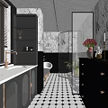 Modern Elegant Bathroom Interior With Black Vanity Gold Accents And Geometric Floor Tiles