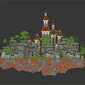 Cartoon Island Scene with Red Roofed Towers Green Palm Trees Stone Structures and Lush Grass