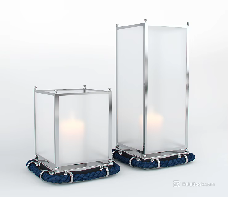 Decorative Lamps With Square Metal Frame Transparent Glass Panels Blue Woven Bases Burning Candles Inside 3d model 