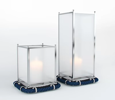 Decorative Lamps With Square Metal Frame Transparent Glass Panels Blue Woven Bases Burning Candles Inside 3d model