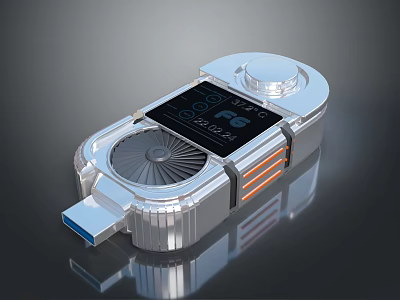 Silver Computer USB Device With Display Screen And Cooling Fan For Data Transfer 3d model