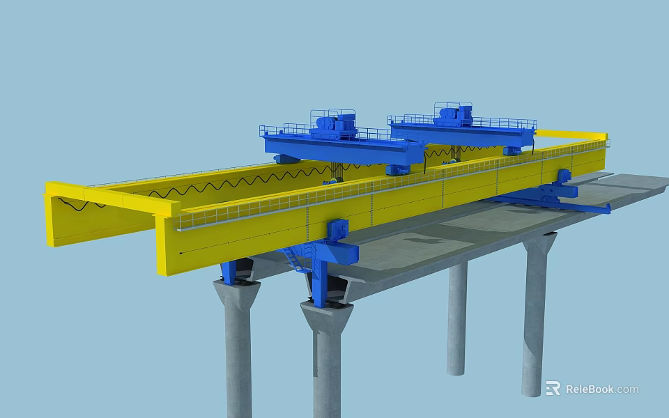 Bridge Construction Structure With Yellow Beam Blue Equipment And Gray Pillars 3d model