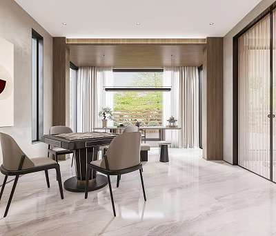 Hotel Mahjong Room Interior With Modern Decor Tables Chairs And Large Windows 3d model