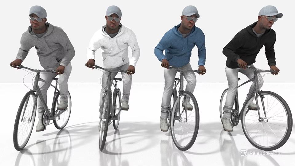 Group Of Men Riding Bicycles In Different Colored Hoodies And Caps 3d model 