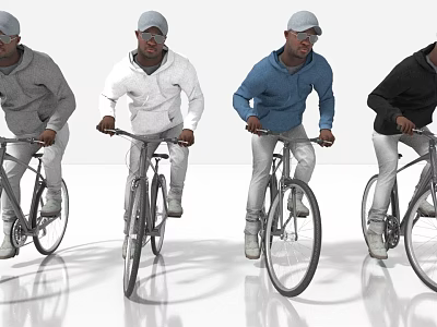 Group Of Men Riding Bicycles In Different Colored Hoodies And Caps 3d model