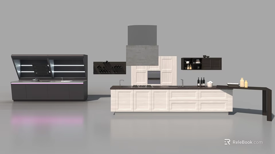 Modern Kitchen Interior With White And Black Cabinets Island Countertop And Range Hood 3d model 